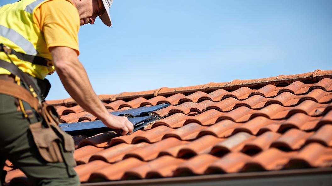 A tradesmen working on a roof.